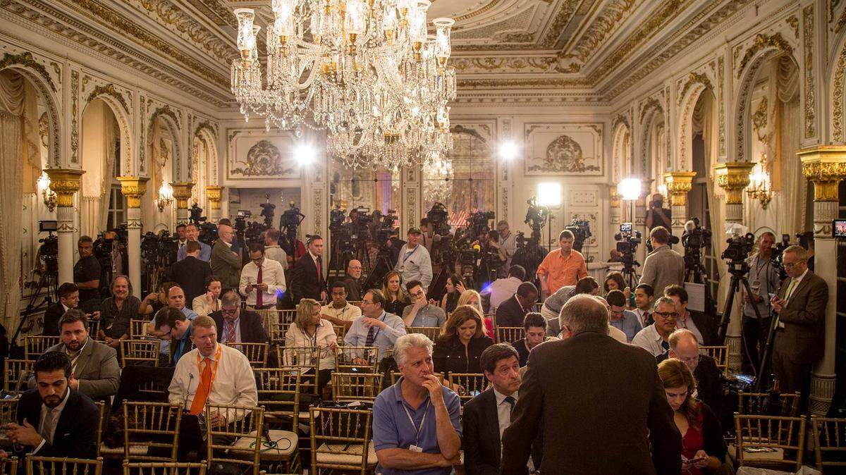 The White and Gold Ballroom at Mar-A-Lago is setup for Donald J. Trump’s Super Tuesday press conference at Mar-A-Lago in Palm Beach, Florida on March 1, 2016. 