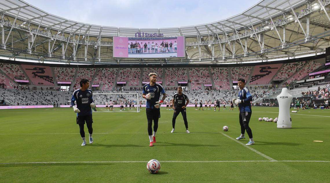 Inter Miami CF goalkeeper Dayne St. Clair (97) runs drills with teammates during practice at Nu Stadium at Miami Freedom Park on Thursday, April 2, 2026, in Miami.