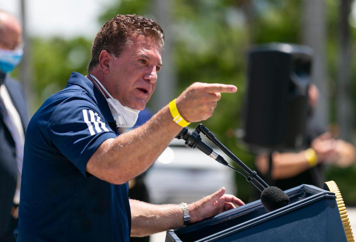 Hialeah Mayor Carlos Hernandez speaks during a COVID-19 press conference outside of Miami City Hall in Coconut Grove, Florida on Monday, June 22, 2020. A total of 15 Miami-Dade mayors gathered to announce stricter enforcement of COVID-19 rules across the county.
