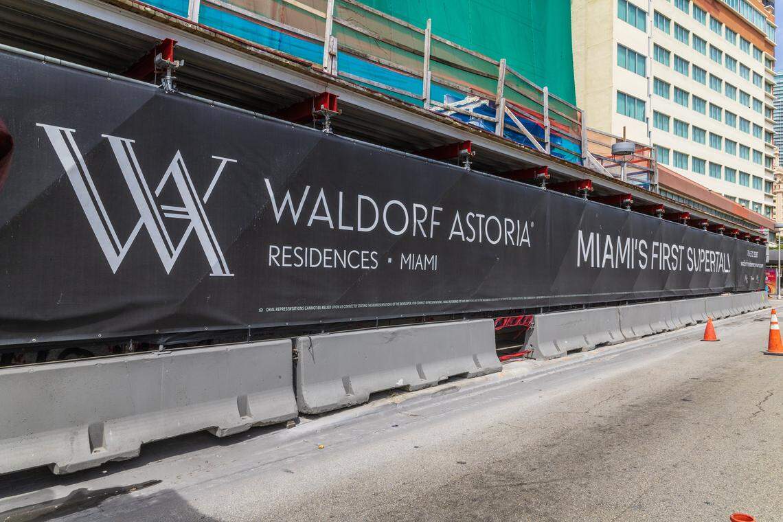 View of the ground level scaffolding at the Waldorf Astoria Hotel and Residences, a supertall skyscraper currently under construction located at 300 Biscayne Boulevard, in downtown, Miami, Florida. Once completed at 1,049 feet tall and rising 100 stories, it will be Miami's tallest tower AND Miami's first supertall skyscraper, on Wednesday, April 01, 2026.