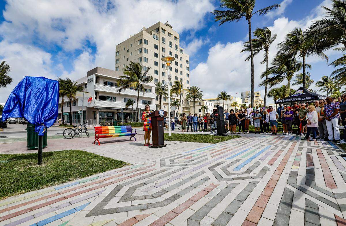 Miami Beach Commissioner Tanya K. Bhatt speaks as city officials and community members gather in Lummus Park for the unveiling of a rebuilt LGBTQ+ crosswalk made of 3,606 colorful pavers on Friday, April 10, 2026. The installation was created less than six months after the Florida Department of Transportation removed the original crosswalk at 12th Street and Ocean Drive in Miami Beach, Florida.