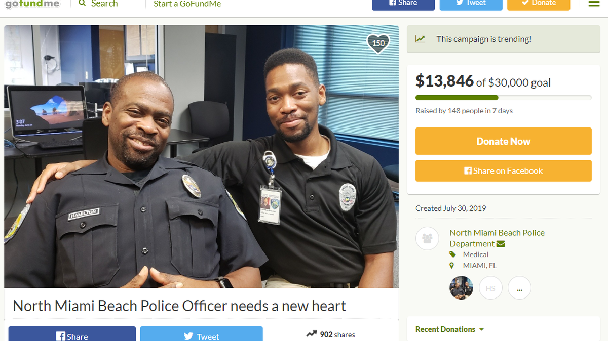 North Miami Beach Police Officer Jerry Hamilton, 48, is in critical condition and needs a heart transplant. The North Miami Beach Police Department has created a GoFundMe page asking for help.