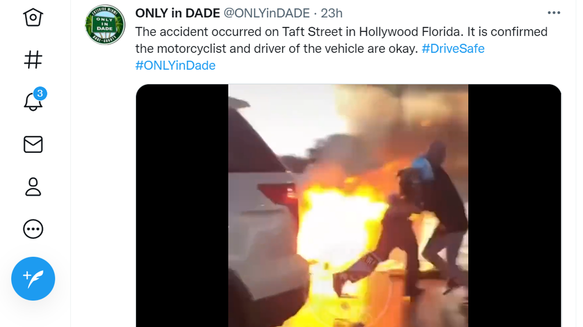 Only in Dade video of a fight in front of a fiery motorcycle crash went viral on social media. Hollywood police say no one was majorly injured in the crash.