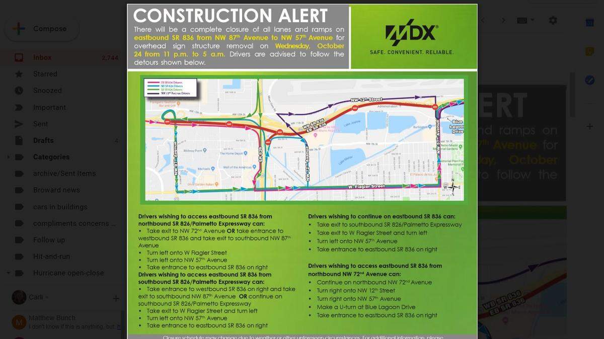 A several mile stretch of the eastbound lanes of SR 836  from Northwest 87th Avenue to Northwest 57th Avenue will be shut down  from 11 p.m. Oct. 24, 2018, to 5 a.m. Oct. 25, 2018.