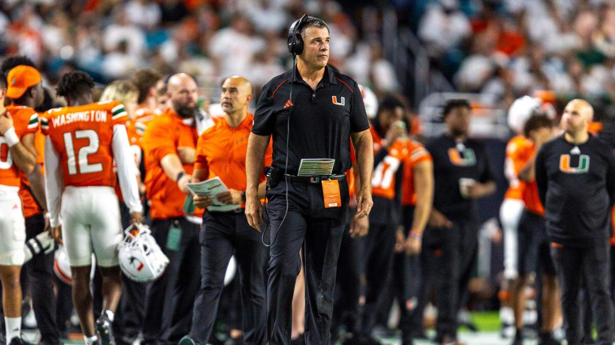 University of Miami Head Coach Mario Cristobal reacts from the sidelines during an ACC college football game against Clemson University at Hard Rock Stadium in Miami Gardens, Florida, on Saturday, October 21, 2023.