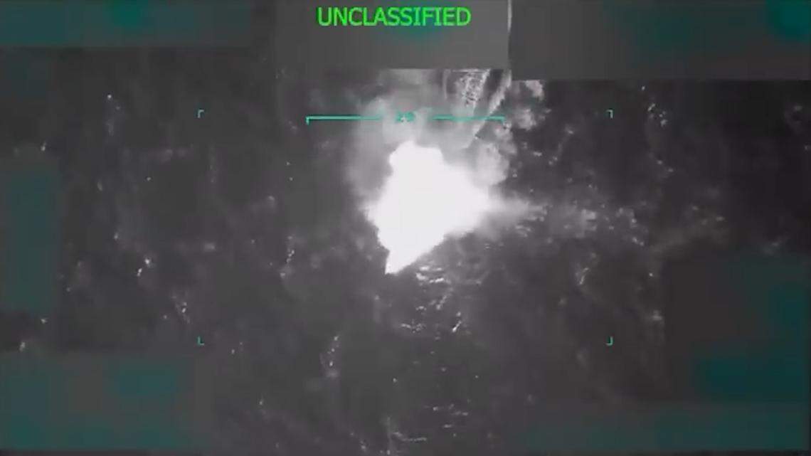 A U.S. military video released by the Department of Defense shows a precision strike destroying a high-speed narcotics vessel in international waters on Sept. 2, 2025. The footage, later shared by Trump on Truth Social, was described as targeting the Tren de Aragua criminal organization amid a U.S. naval buildup in the Caribbean.