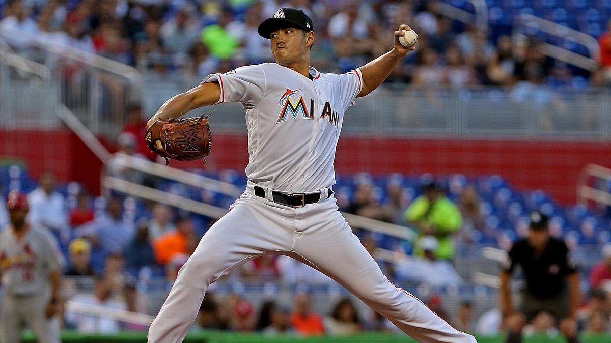Marlins’ pitcher #54 Wei-Yin Chen throws a pitch in the first inning as the Miami Marlins host the St. Louis Cardinals on Monday, August 6, 2018.