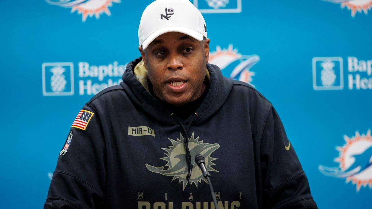 Miami Dolphins general manager Chris Grier speaks during press conference at Baptist Health Training Complex in Hard Rock Stadium on Wednesday, April 20, 2022 in Miami Gardens, Florida.