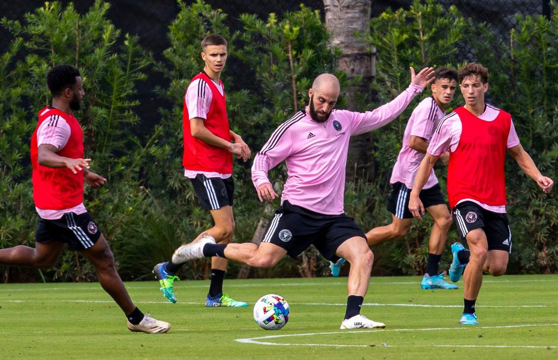 Inter Miami CF forward Gonzalo Higuain strikes tha ball during training camp at the 50,000-square-foot Inter Miami CF Training Center in Fort Lauderdale, Florida, on Thursday, January 20, 2022. The training center sits adjacent to the Club’s 19,100 capacity DRV PNK Stadium in Fort Lauderdale.