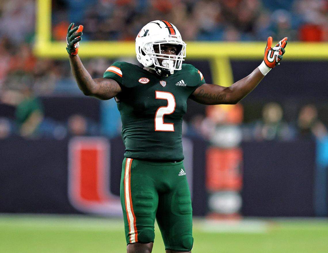 Miami Hurricanes cornerback Tyrique Stevenson (2) reacts during the fourth quarter of their ACC football game against the Appalachian State Mountaineers at Hard Rock Stadium on Saturday, September 11, 2021 in Miami Gardens, Florida.