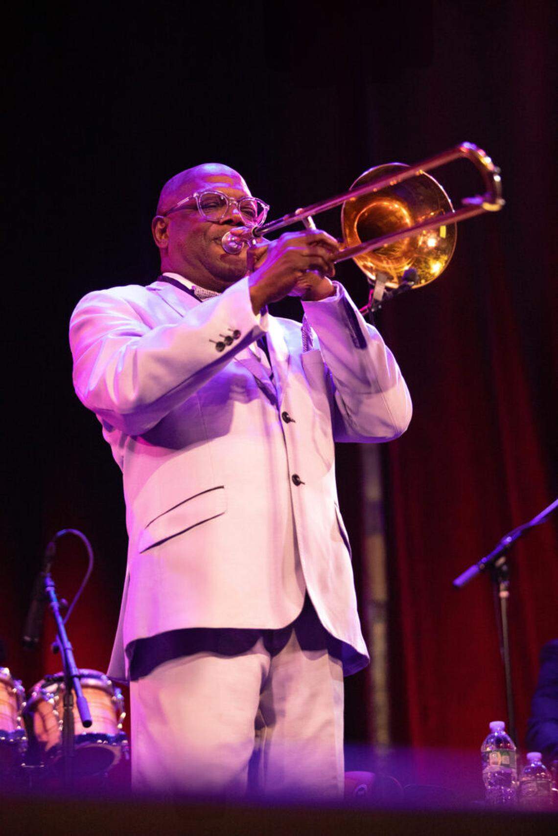 Musical director Jesús “Aguaje” Ramos and his Buena Vista Orchestra, seen here in a September performance at New York’s Town Hall, will be playing at the Miami Beach Bandshell on Saturday, Oct. 19.