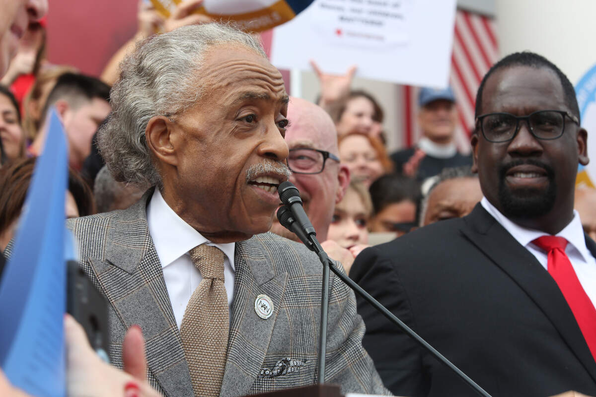 Rev. Al Sharpton, left, addresses thousands of Florida public school teachers Monday, Jan. 13, 2020, during a “Take On Tallahassee” rally organized by the Florida Education Association in a call for improved support from legislators of public education. On the right is Fedrick Ingram, president of the Florida Education Association.