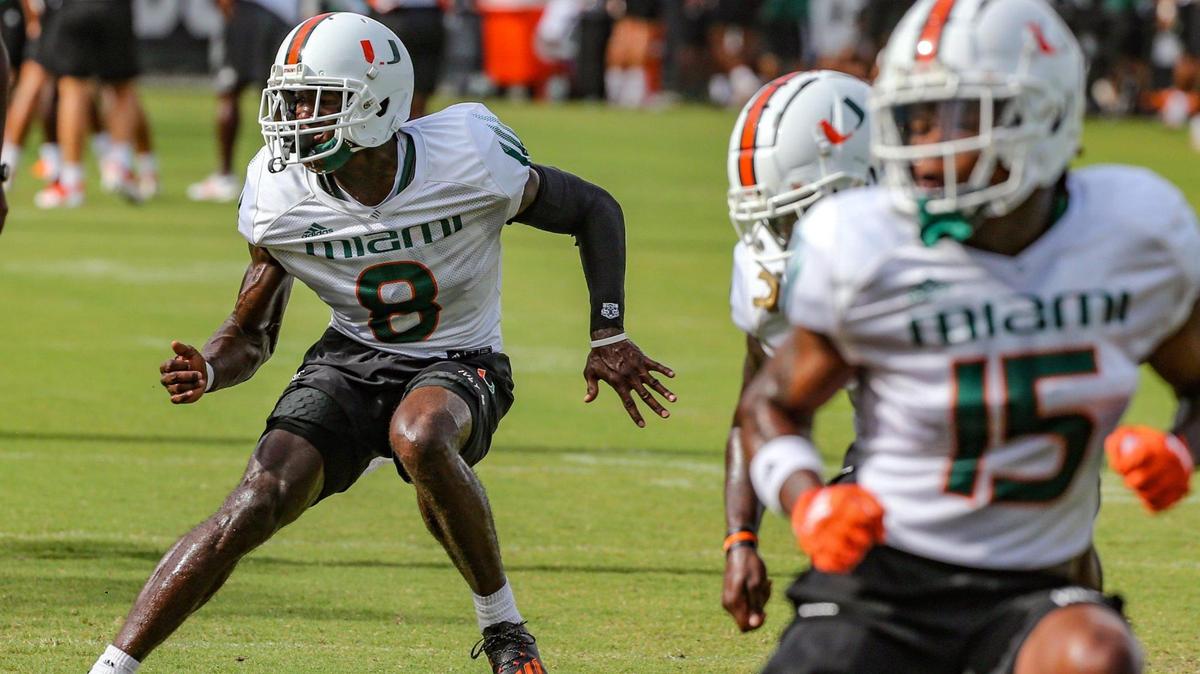 Miami Hurricanes defensive lineman DJ Ivey, Jr. (8) runs through practice drills at Greentree Practice Field at the University of Miami in Coral Gables on Tuesday, August 9, 2022.