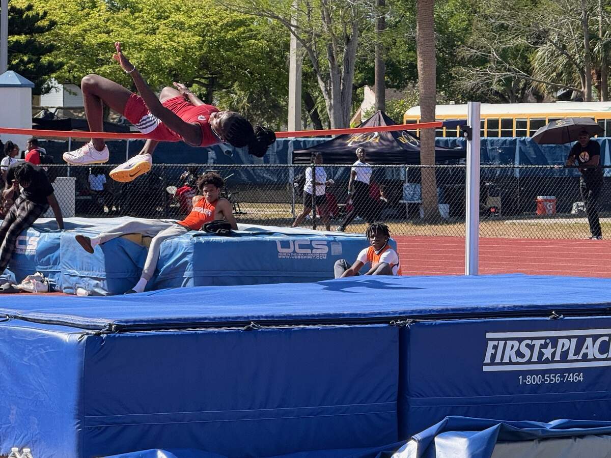 Cardinal Gibbons’ Tanita Westley competes in the high jump on Friday at the BCAA track and field championships at Coral Springs High in Coral Springs, Fla. Westley won the event with a jump of 5-3.75 feet.