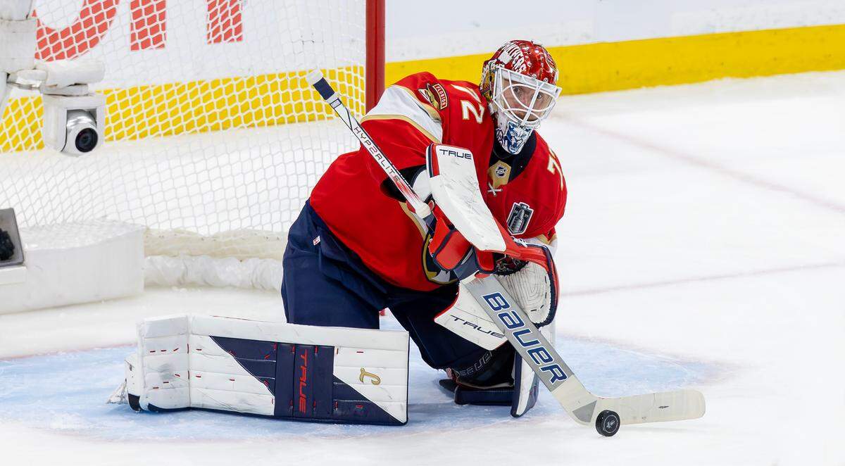 Florida Panthers goaltender Sergei Bobrovsky (72) makes a save during the second period against the Edmonton Oilers in Game 6 of the NHL Stanley Cup Final at Amerant Bank Arena on Tuesday, June 17, 2025, in Sunrise, Fla.