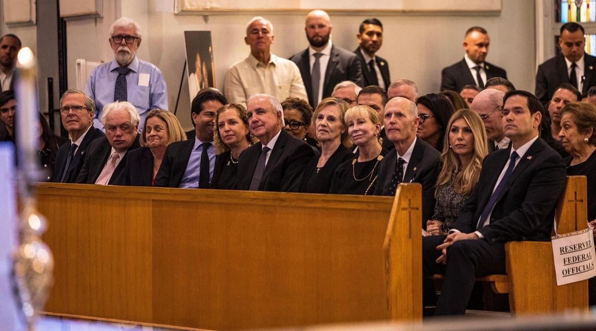 Dignitaries including (from left) former Gov. Jeb Bush, Dexter and Ileana Ross-Lethinen, Rep. Debbie Wasserman Schultz, Rep. Carlos Gimenez, Sen. Rick Scott and Secretary of State Marco Rubio attended a service to honor Lincoln Díaz-Balart, the longtime South Florida lawmaker and fierce advocate for a free Cuba, who died at 70 after a battle with cancer.