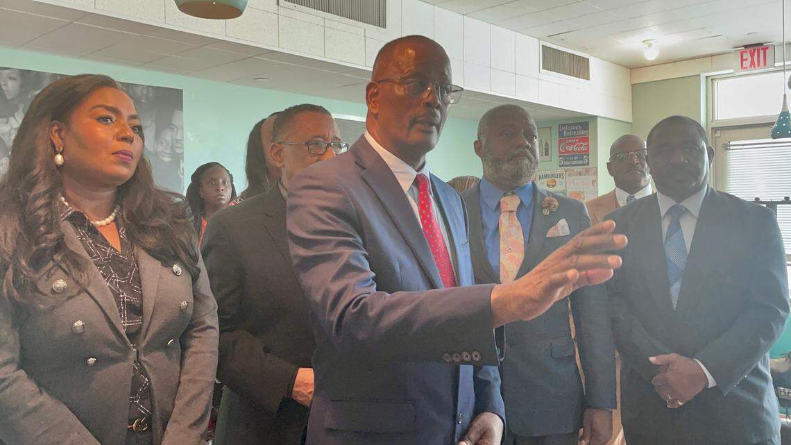 Miami state Rep. James Bush III, a Democrat, slammed state Sen. Jason Pizzo over comments Pizzo made about Bush’s relationship to the GOP and Gov. Ron DeSantis, during a press conference on Aug. 16, 2022 at The Historic Hampton House in Brownsville.