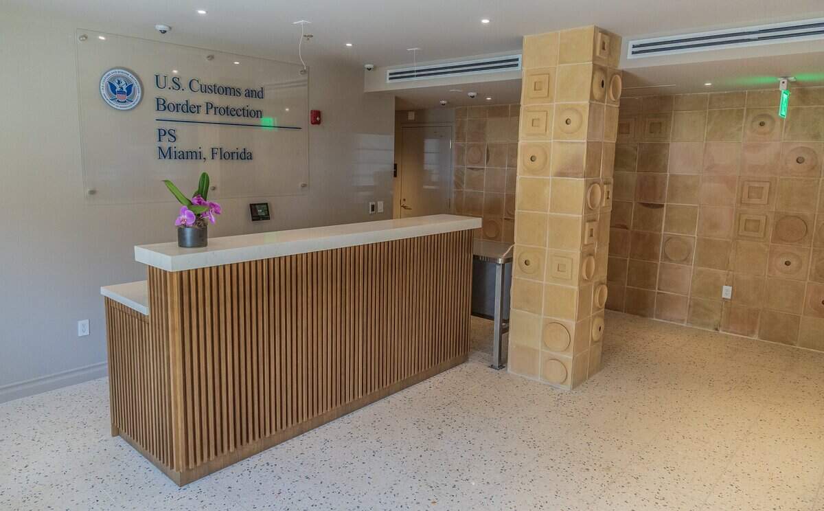 View of the U.S. Customs and Borders Protection area at the PS MIA, a luxury private terminal at Miami International Airport that allows commercial flight passengers to bypass the main airport crowds. Located at the historic former Pan American Airways headquarters (4900 NW 36th St), offers private TSA screening, Customs clearance, chef-prepared meals, spa services, and airfield transfers in a BMW, on Friday June 12, 2026.