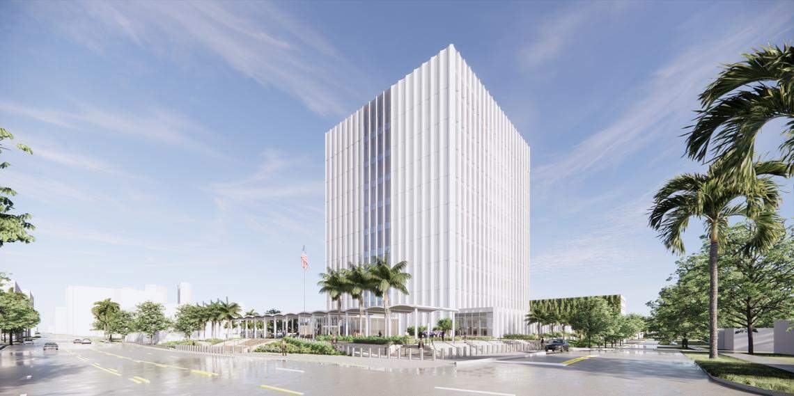 An architectural rendering depicts the $190 million U.S. Courthouse, by the firm of Skidmore, Owings and Merrill, or SOM, to be built on the south bank of the Tarpon River in Fort Lauderdale.