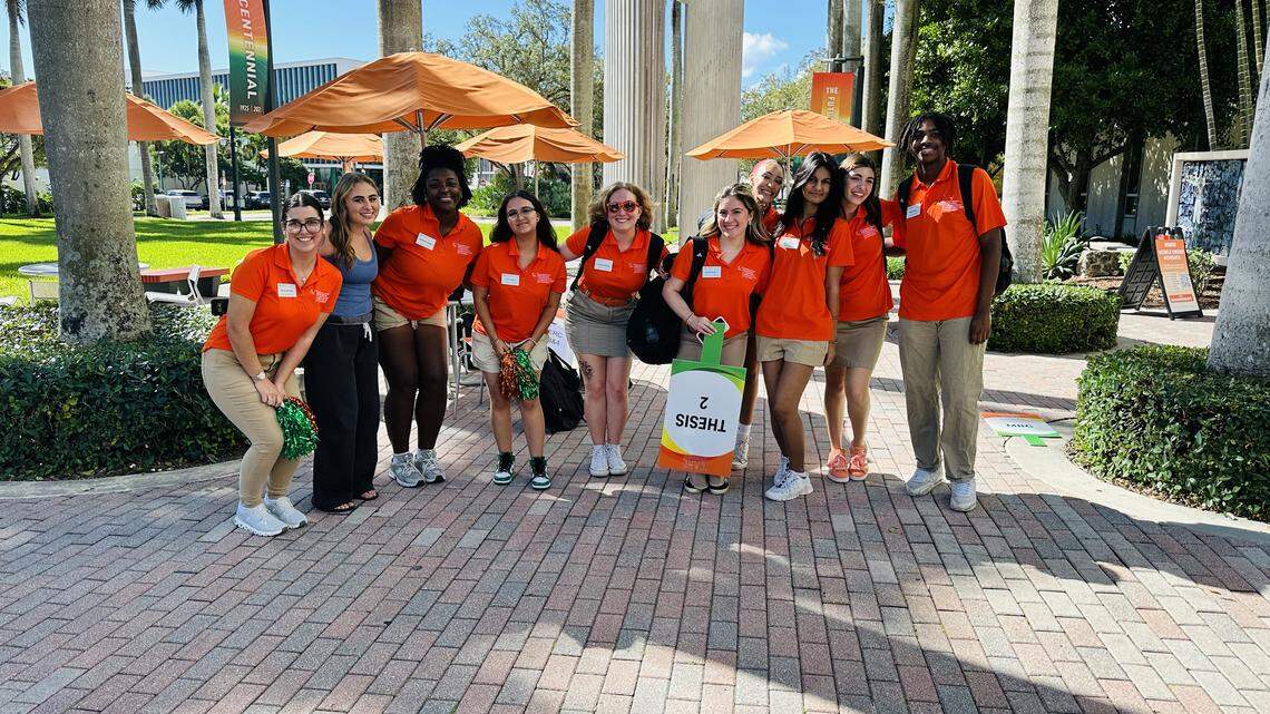 Members of the University of Miami Student Affairs department of Orientation & Commuter Student Involvement were on campus to guide new students and bring school spirit to the campus on the Friday of move-in week on Jan. 9, 2026. Their job to generate excitement was made easier thanks to the No. 10 Hurricanes heartstopper 31-27 win over No. 6 Ole Miss Rebels at the College Football Playoff semifinal at the Fiesta Bowl on Thursday at State Farm Stadium in Glendale, Arizona.