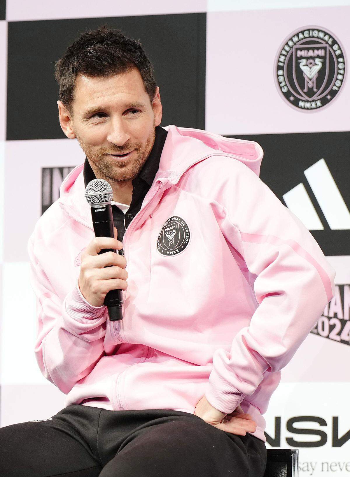 Inter Miami’s Lionel Messi speaks at a press conference in Tokyo on Feb. 6, 2024, ahead of an international club football friendly against the J-League’s Vissel Kobe. (Photo by Kyodo News/Sipa USA)