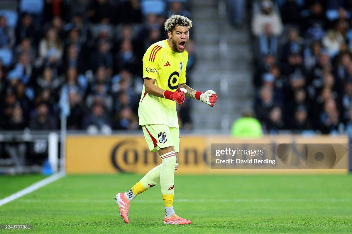 ST PAUL, MINNESOTA - OCTOBER 27: Dayne St. Clair #97 of Minnesota United celebrates against Seattle Sounders in the first half of the 2025 MLS Cup Playoff match at Allianz Field on October 27, 2025 in St Paul, Minnesota. (Photo by David Berding/Getty Images)