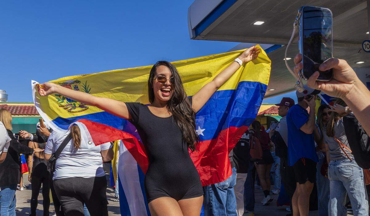 Starly Vivas was among a group of Venezuelan exiles living in South Florida celebrating outside of El Arepazo in Doral, Florida, after the United States attacked Venezuela and captured Venezuelan leader Nicolás Maduro, on Jan. 3, 2026.