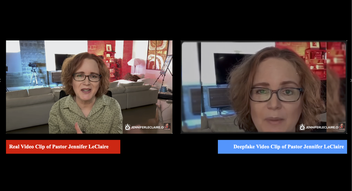 On the left is a screenshot from Jennifer LeClaire doing ministry on one of her social media platforms. The right is a deepfake video that mimics her 