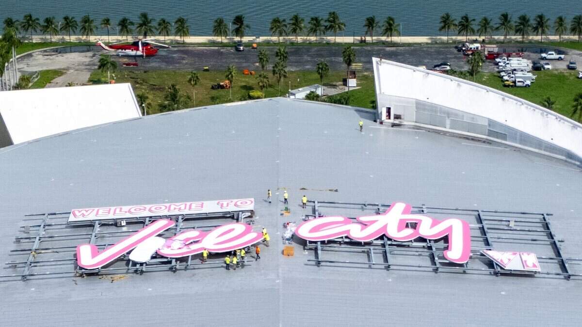 A “Welcome to Vice City” advertising sign promoting Grand Theft Auto VI game is projected on top of the Kaseya Center in Miami on Tuesday, Sept. 22, 2026.