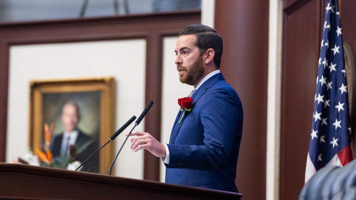 Florida House Speaker Daniel Perez, R-Miami, speaks during the first day of the legislative session at the Florida State Capitol on Tuesday, March 4, 2025, in Tallahassee, Fla.