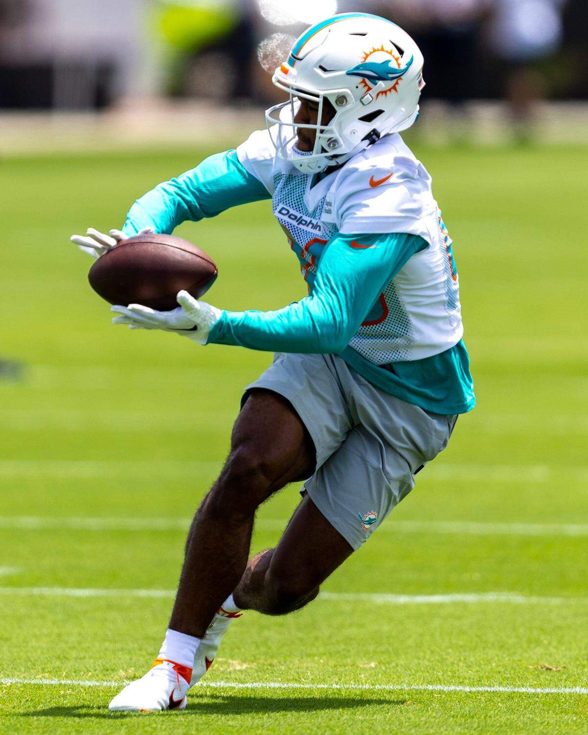 Rookie Charles Hall (88) makes a catch during 2023 Miami Dolphins Rookie Minicamp practice at Baptist Health Training Complex in Miami Gardens, Florida, on Friday, May 12, 2023.