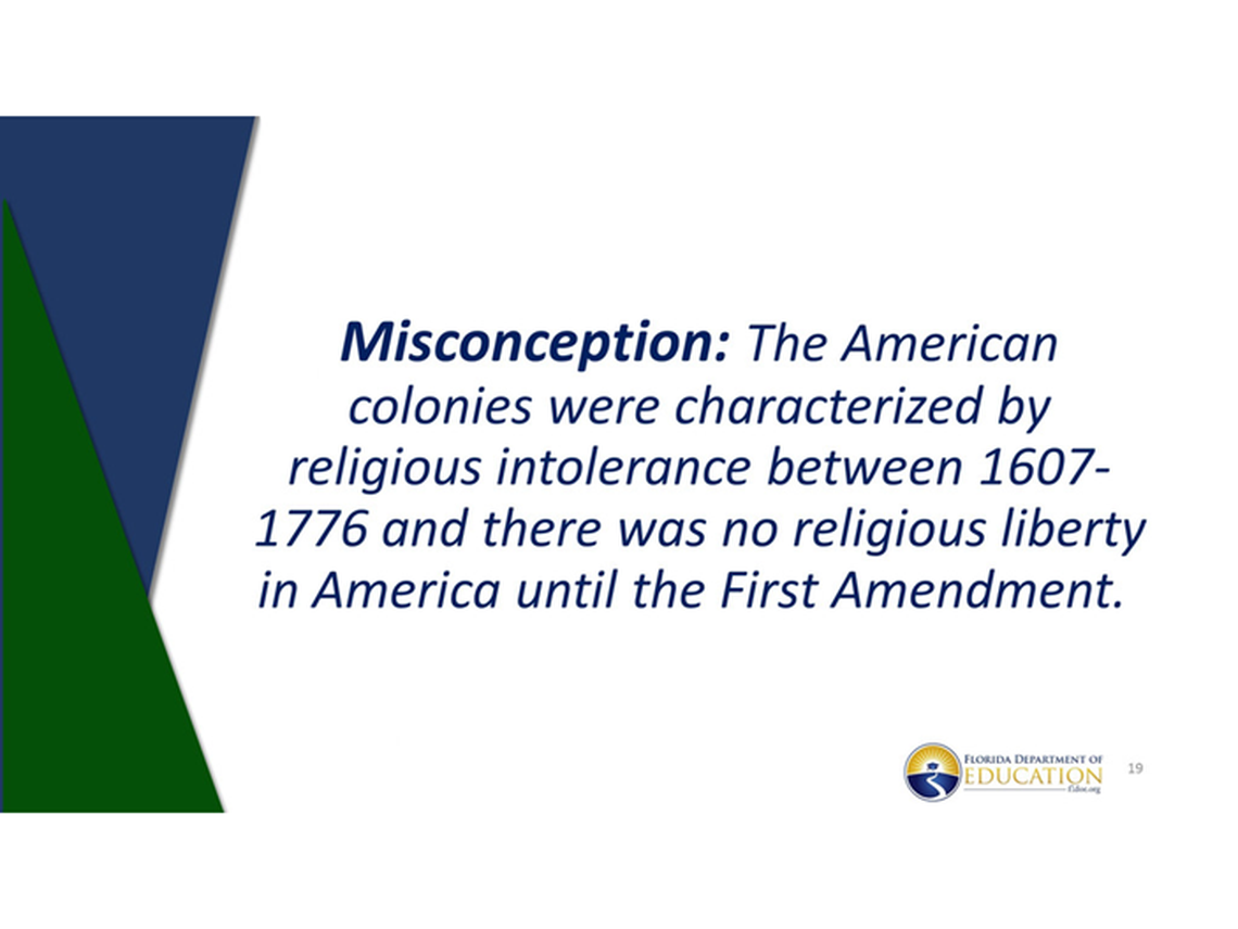 This is one of the slides shown during the Florida Department of Education’s training series for civics and government teachers.