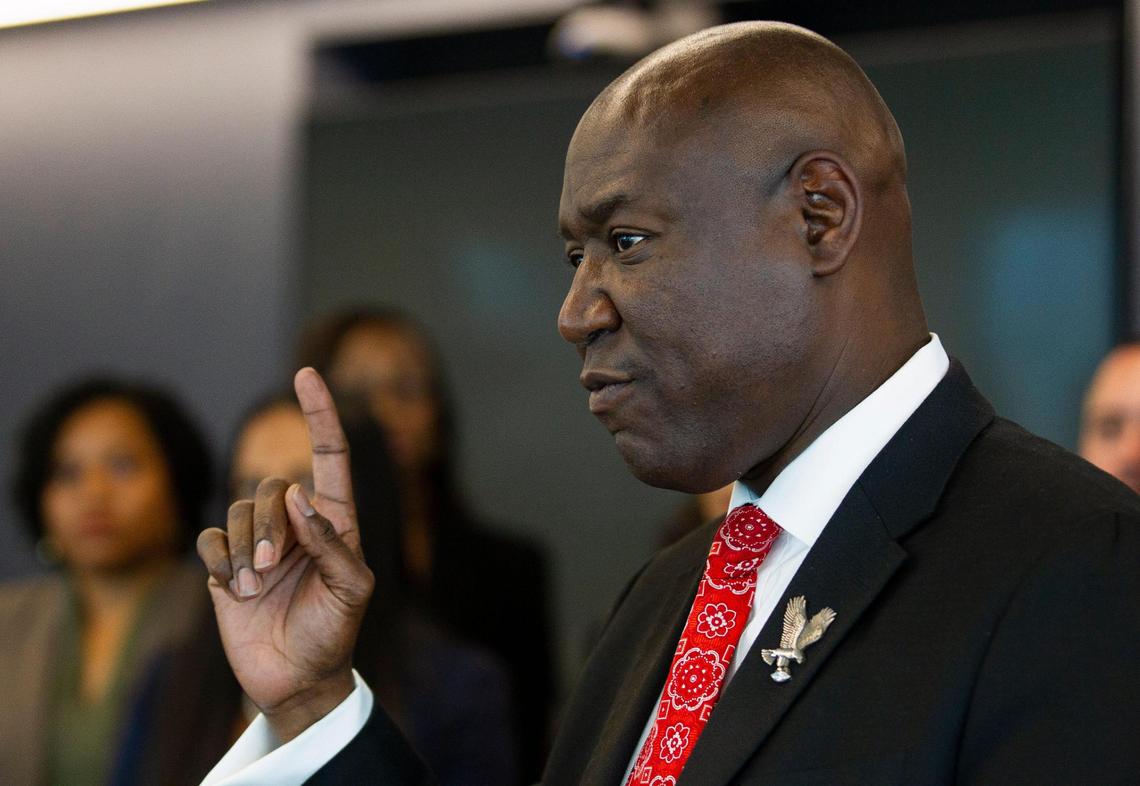 Attorney Benjamin Crump speaks during a press conference held to urge President Joe Biden to nominate a Black female judge to replace Judge Marcia Cook, who died this year, at Carlton Fields on Tuesday, June 27, 2023 in Miami, Florida. “They have many positions,” Crump said of the federal bench in the southern district of Florida. “We’re just seeking one.”