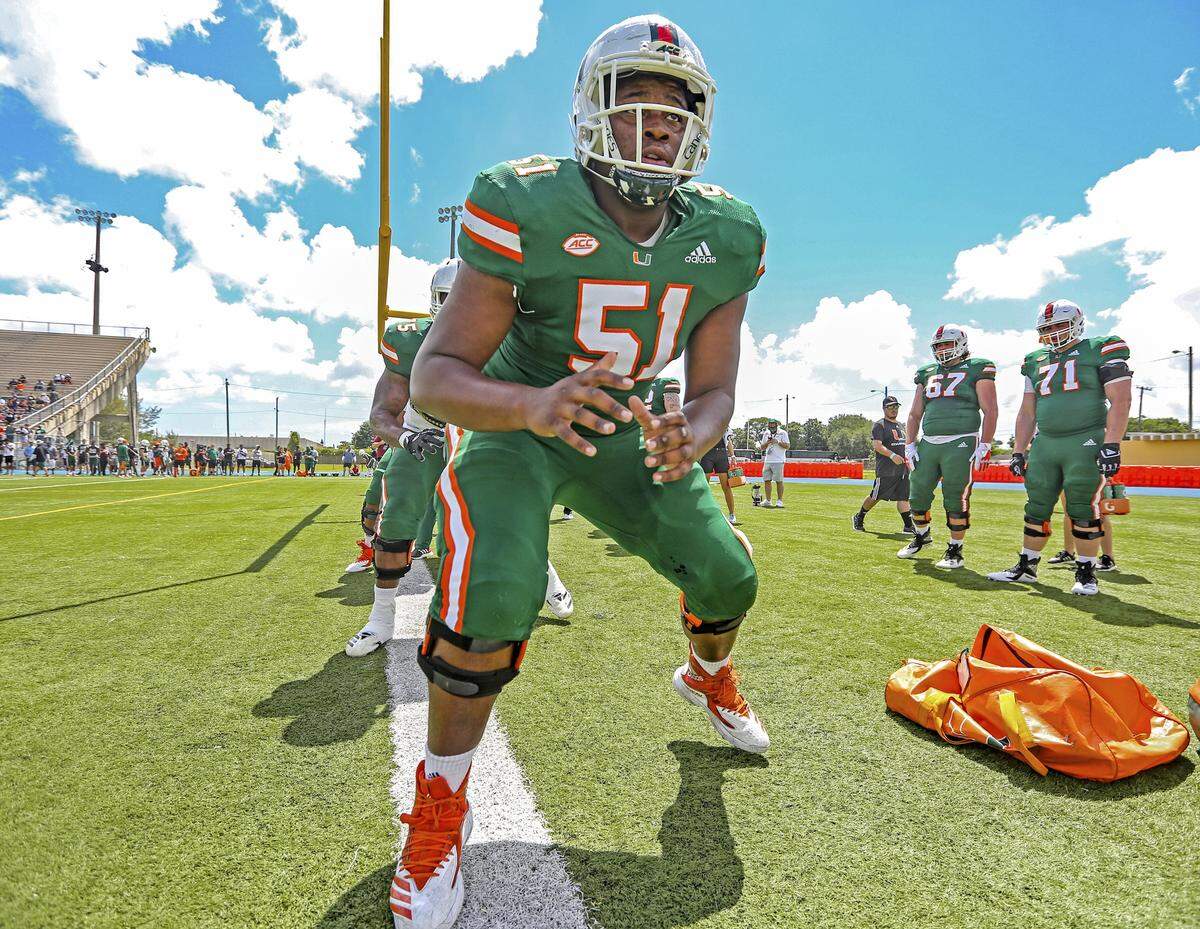 Miami Hurricanes offensive lineman DJ Scaife Jr. (51) during warmups to Miami Hurricanes Spring scrimmage at Traz Powell Stadium on Saturday, April 13, 2019.
