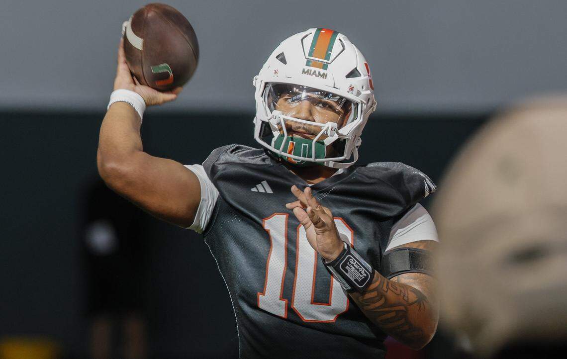Miami Hurricanes quarterback Darian Mensah (10) throws a pass during drills at the Carol Soffer Indoor Practice Facility on the University of Miami campus in Coral Gables, Florida, on Tuesday morning, March 24, 2026.