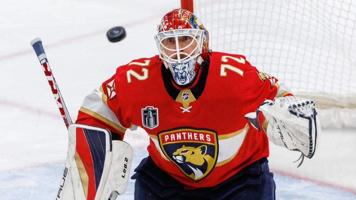 Florida Panthers goaltender Sergei Bobrovsky (72) defends the goal during the third period of Game 4 of the NHL Stanley Cup Final against the Vegas Golden Knights at the FLA Live Arena on Saturday, June 10, 2023, in Sunrise, Florida.