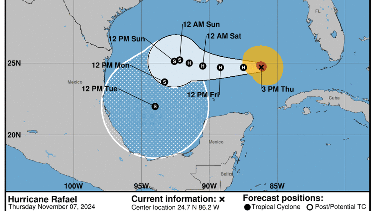 Hurricane Rafael remains a Category 2 storm over the open waters of the Gulf of Mexico.