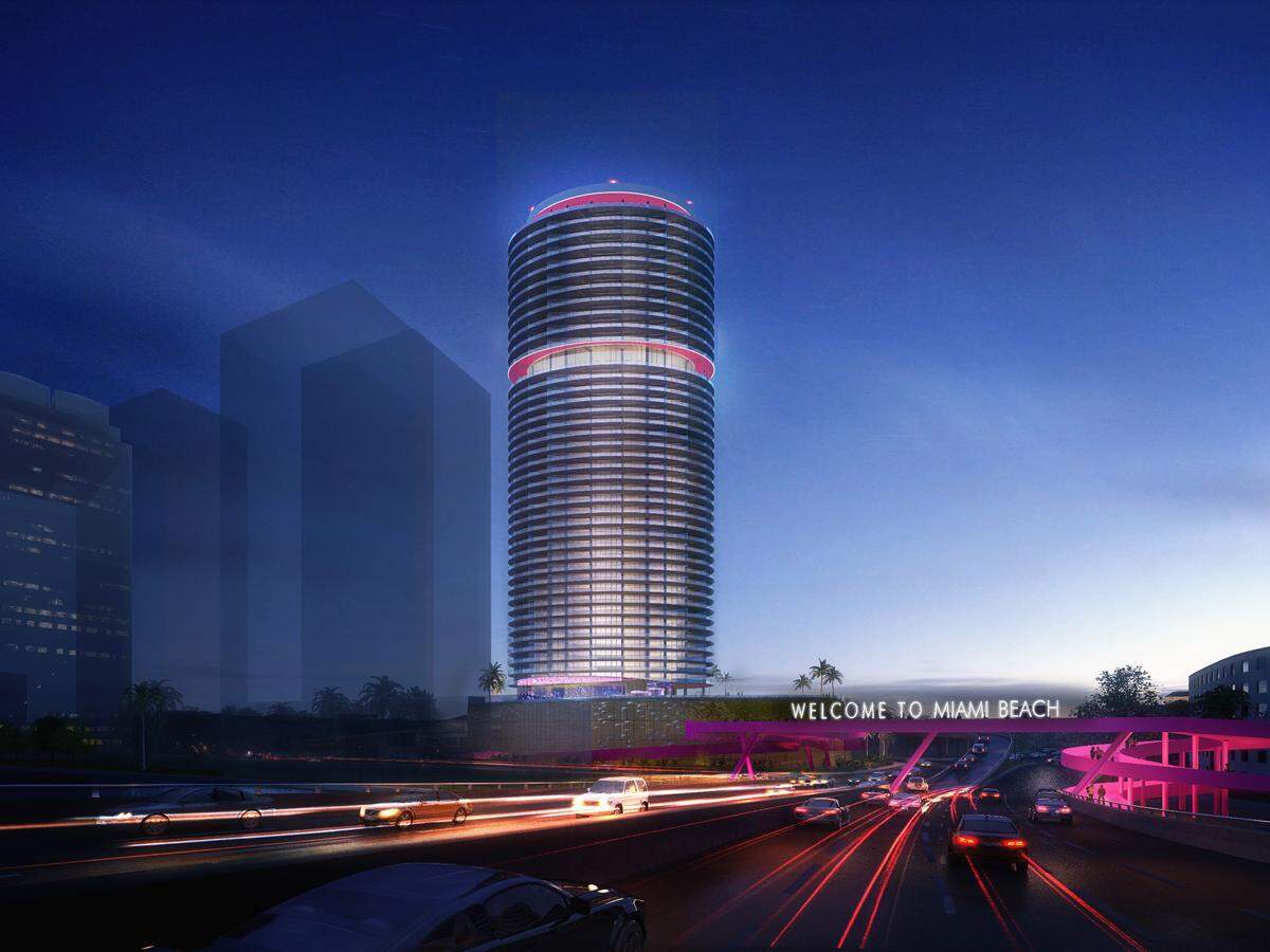 A rendering of the condo tower and pedestrian bridge planned for the gateway to South Beach. Courtesy of Arquitectonica