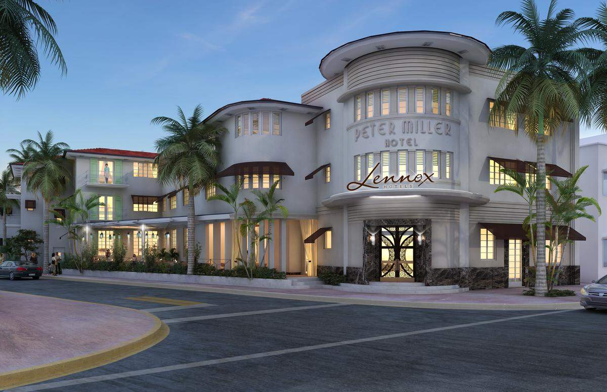 An architectural rendering shows a restored Peter Miller Hotel on Collins Avenue in the historic Collins Park district in Miami Beach.