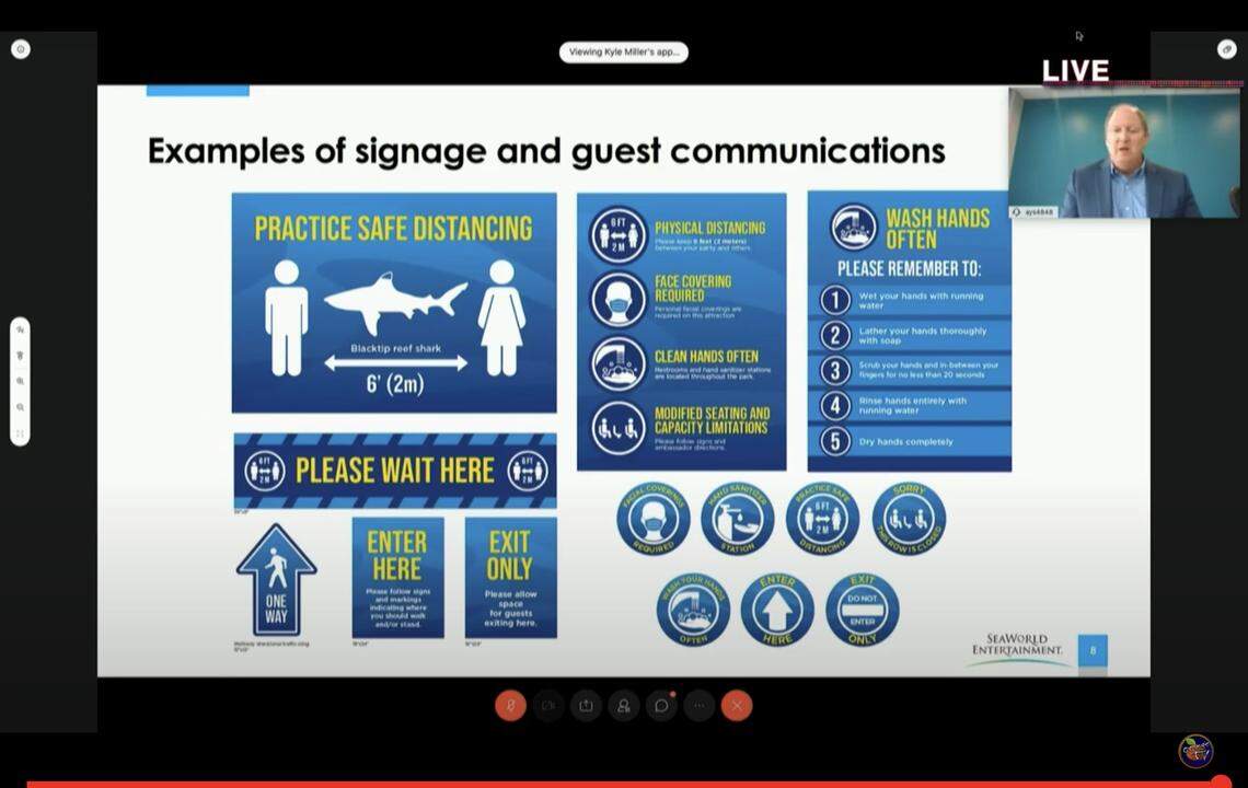 SeaWorld Parks & Entertainment presented to the Orange County Economic Recovery Task on Wednesday, May 27, some of the health and social distancing signs and markings park visitors will find throughout its theme parks.