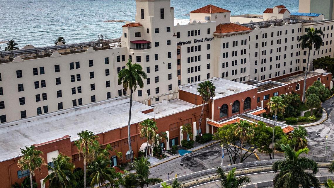 Front view of the historic Hollywood Beach Resort, also known as the “Grand Lady,” that was declared unsafe by the city of Hollywood on May 6, forcing all guests to be vacated. Located at 101 N. Ocean Drive, the hotel was built in 1925 by Joseph Young, the Hollywood founder. this photo is from May 30, 2023.