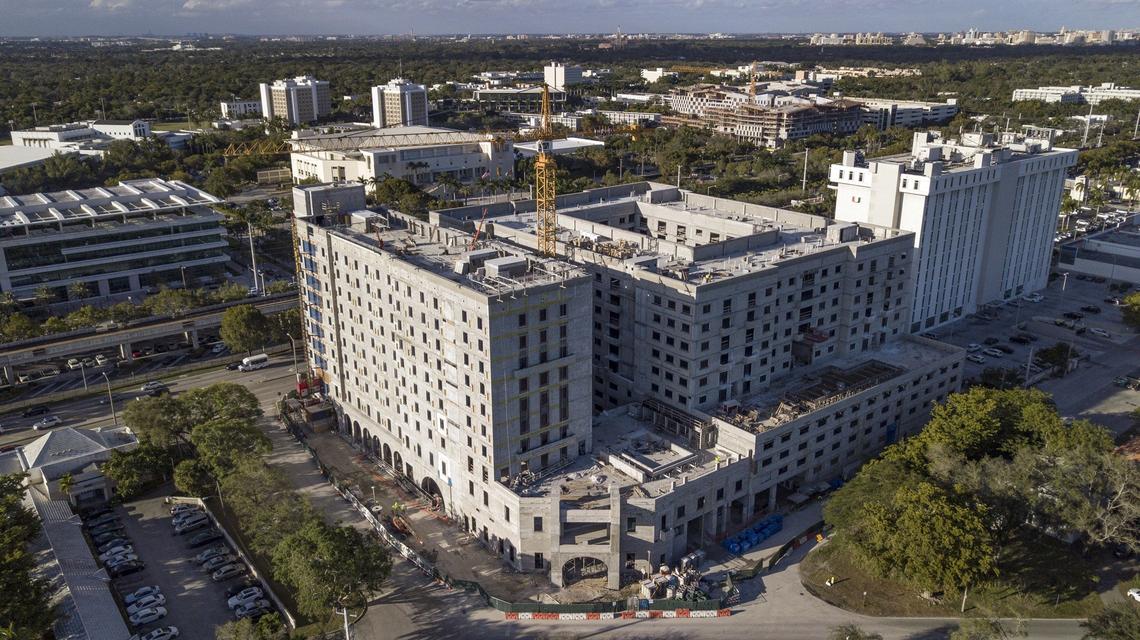 An aerial view of the Paseo de la Riviera hotel and apartment complex under construction on South Dixie Highway in Coral Gables.