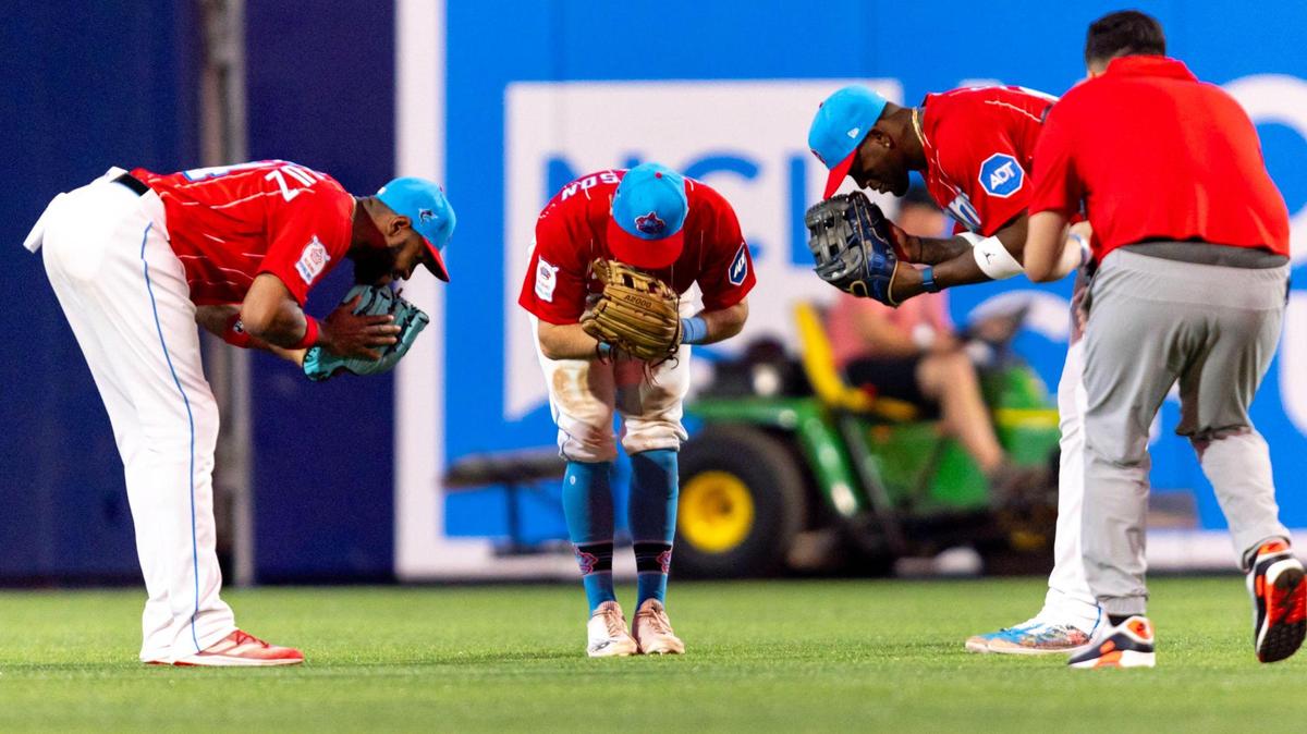 Miami Marlins outfielders reacts to defeating the Phillies 5-3 in the ninth inning of an MLB game at loanDepot park in the Little Havana neighborhood of Miami, Florida, on Saturday, July 8, 2023.