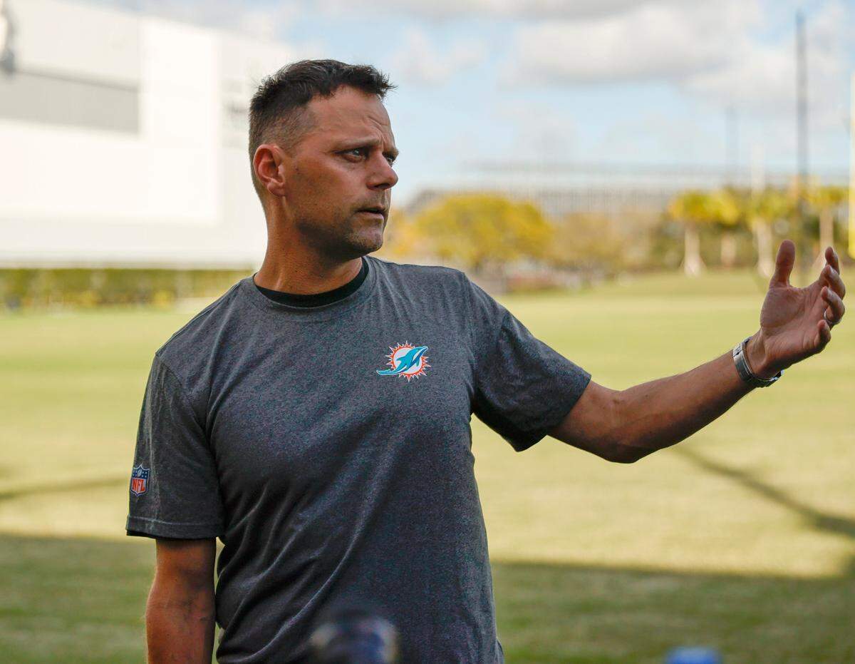 Miami Dolphins defensive coordinator Josh Boyer talks with the reporters during media availability at Baptist Health Training Complex in Hard Rock Stadium on Wednesday, February 23, 2022 in Miami Gardens, Florida.