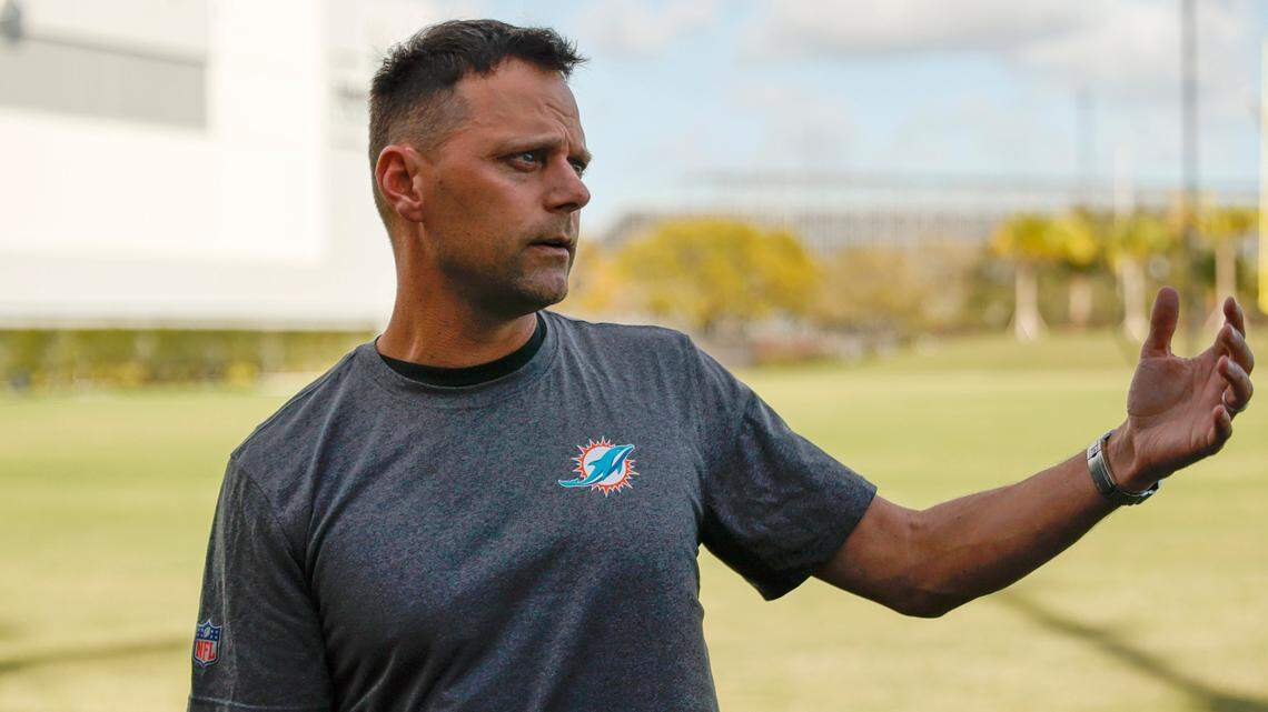 Miami Dolphins defensive coordinator Josh Boyer talks with the reporters during media availability at Baptist Health Training Complex in Hard Rock Stadium on Wednesday, February 23, 2022 in Miami Gardens, Florida.
