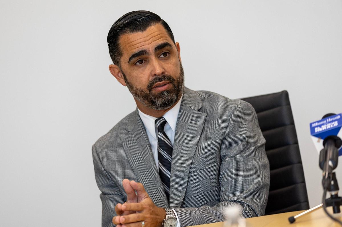 Candidate for Miami-Dade Sheriff James Reyes speaks with the Miami Herald’s Editorial Board at the Herald newsroom on Tuesday, September 10, 2024, in Miami, Fla.