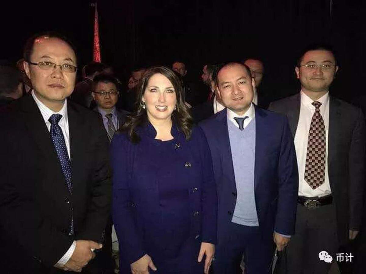 Texas-based startup CEO Lucas Lu (left), RNC Chairwoman Ronna McDaniel (center left) and Australia-based cryptocurrency whiz Ryan Xu (far right) pose for a photo at a December 2017 fundraiser in New York City.