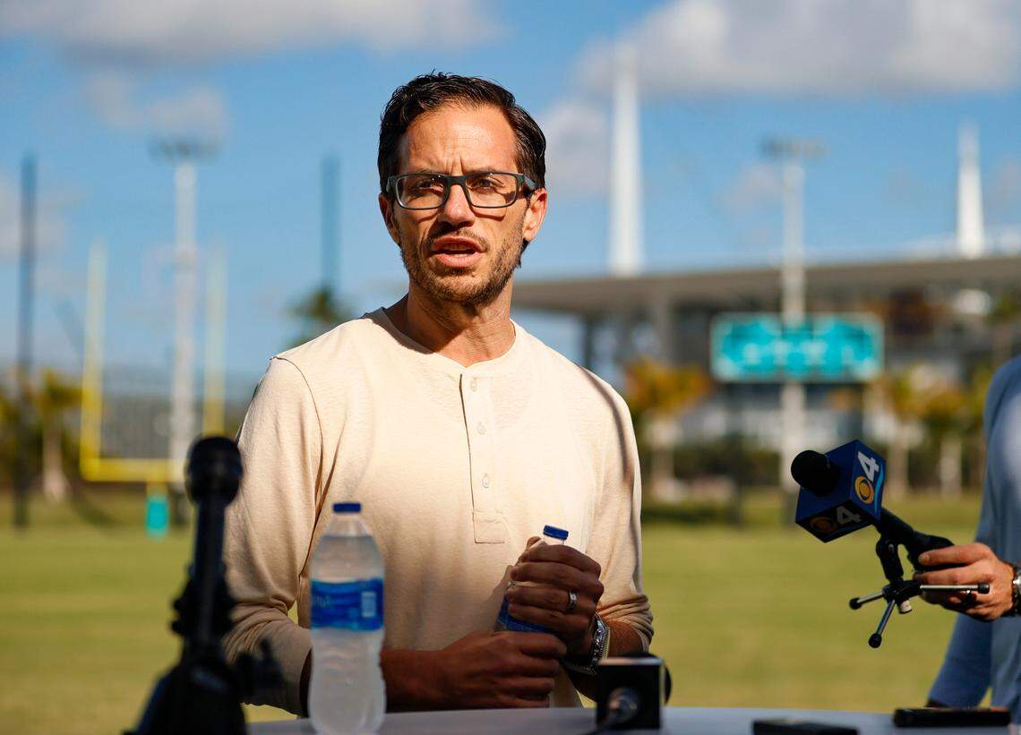 Miami Dolphins head coach Mike McDaniel talks with the reporters during media availability at Baptist Health Training Complex in Hard Rock Stadium on Wednesday, February 23, 2022 in Miami Gardens, Florida.
