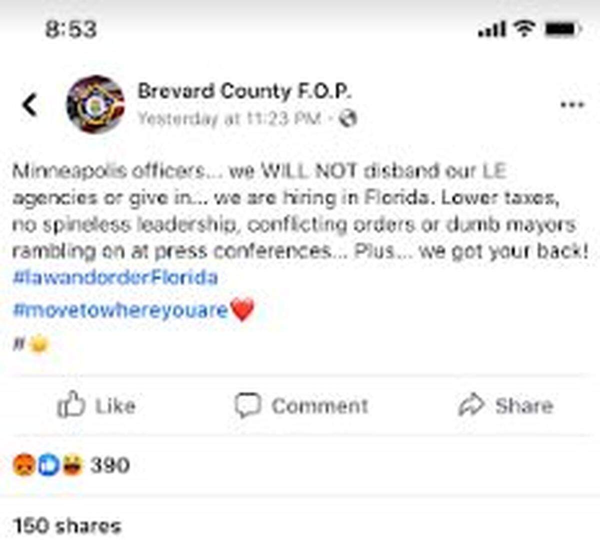 Brevard County FOP’s post from Sunday that was taken down Monday.