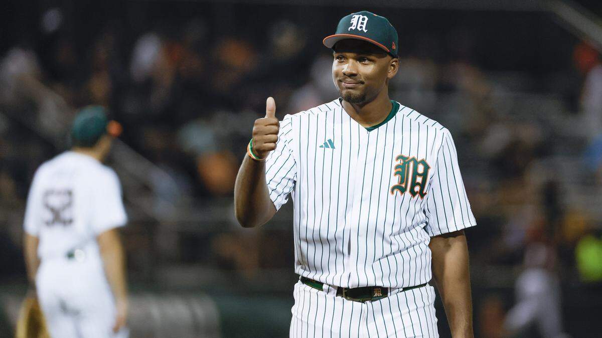 Miami Hurricanes infielder Brylan West (30) gives a thumbs up in the third inning of the baseball game against the Lehigh Mountain Hawks during the Hurricanes season opener at Mark Light Field in Coral Gables, Florida, Florida on Friday, February 13, 2026